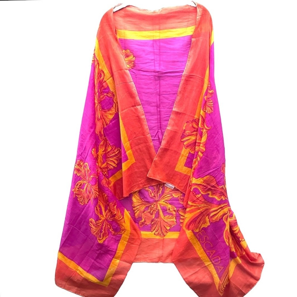 Escada Tropical Punch Scarf Sarong OS Pink Orange Floral Cotton Coverup